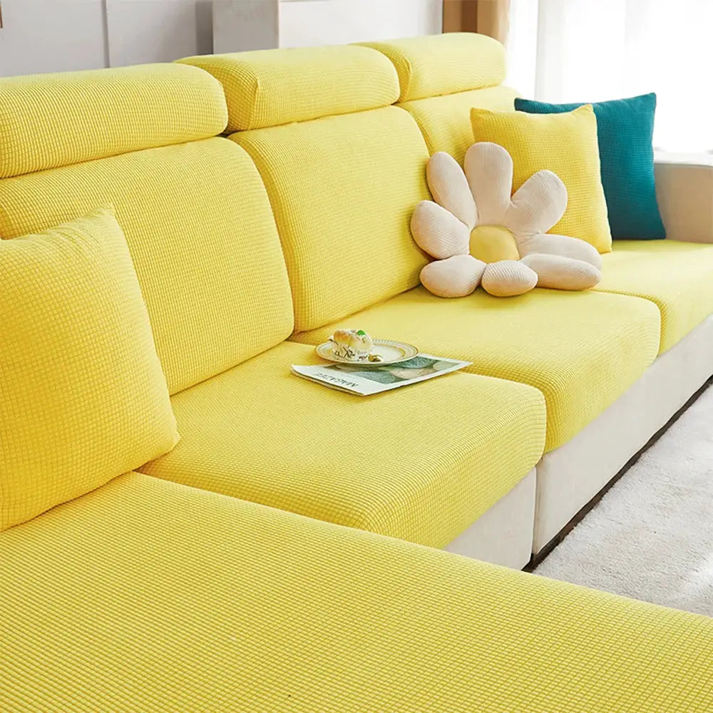 Jacquard sofa cover in yellow with polar fleece, stretchy and removable couch slipcover for chaise lounge