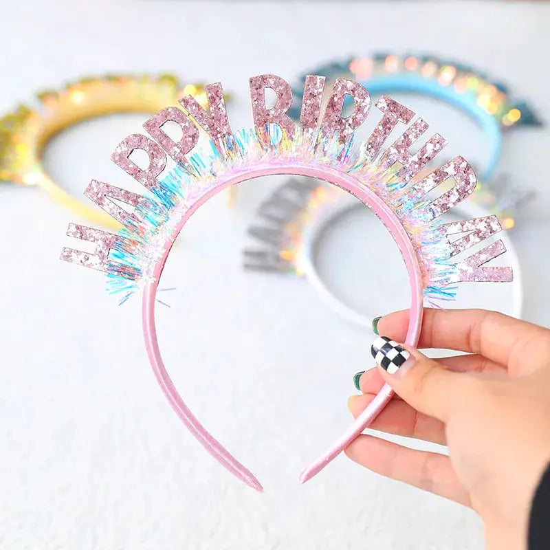 Glitter Happy Birthday Sequin Headband Birthday Decoration for Kids and Adults Pink Silver Blue Headbands