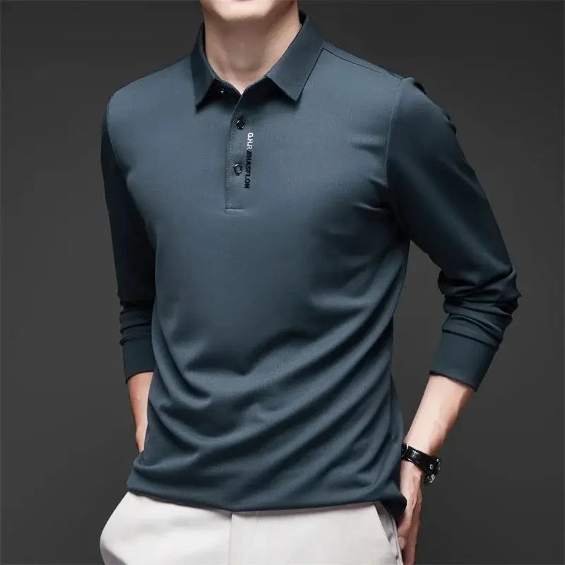 Men's long-sleeve polo shirt with badge in dark teal, Simples Market