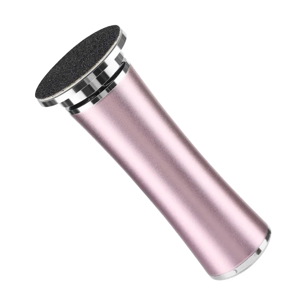 Electric foot callus remover; pink metallic handle with round sanding head.