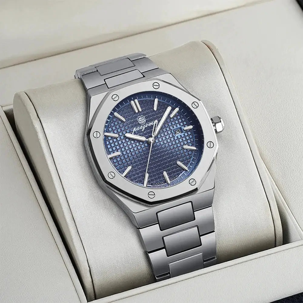 PAAZOMU luxury square men's quartz watch, stainless steel case and bracelet, blue textured dial with date