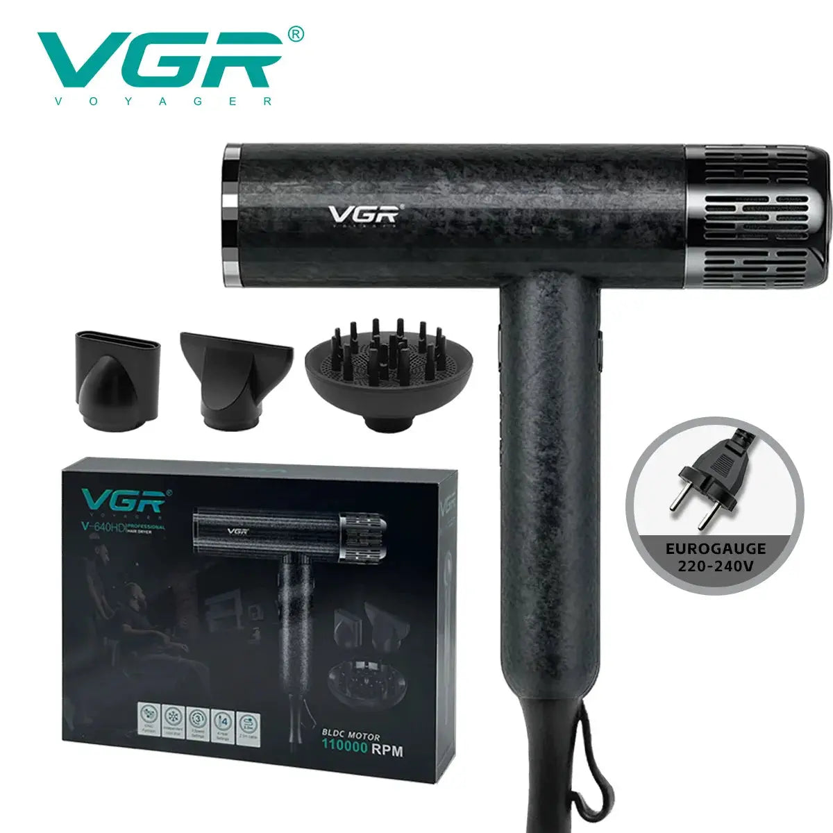 VGR hair dryer with multiple attachments in black; includes concentrator nozzle, brush head, and diffuser.