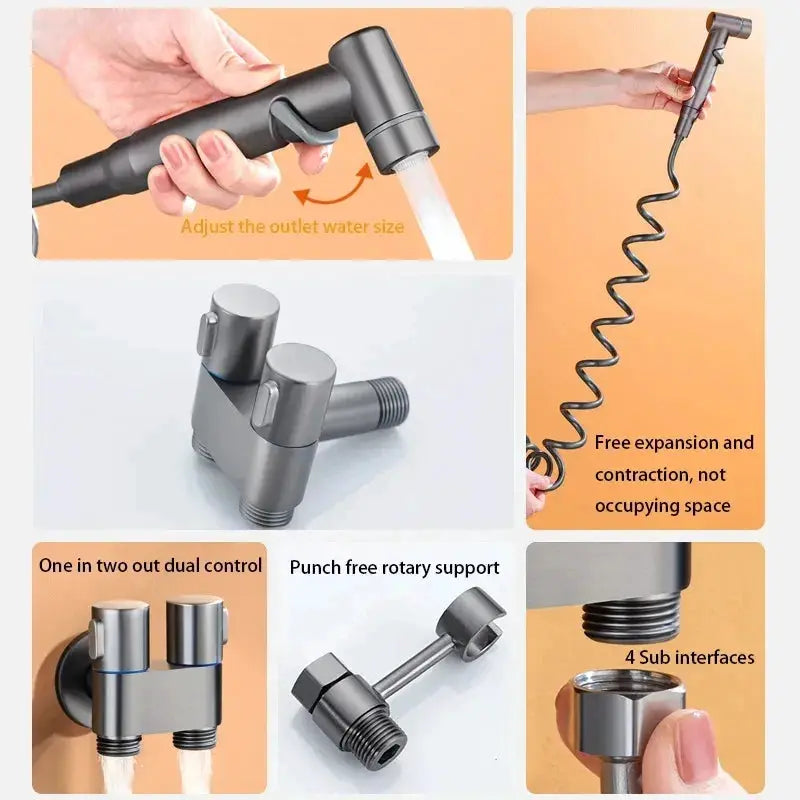 Zinc alloy angle valve wall-mount bidet sprayer set by Simples Market, metallic gray finish with dual control