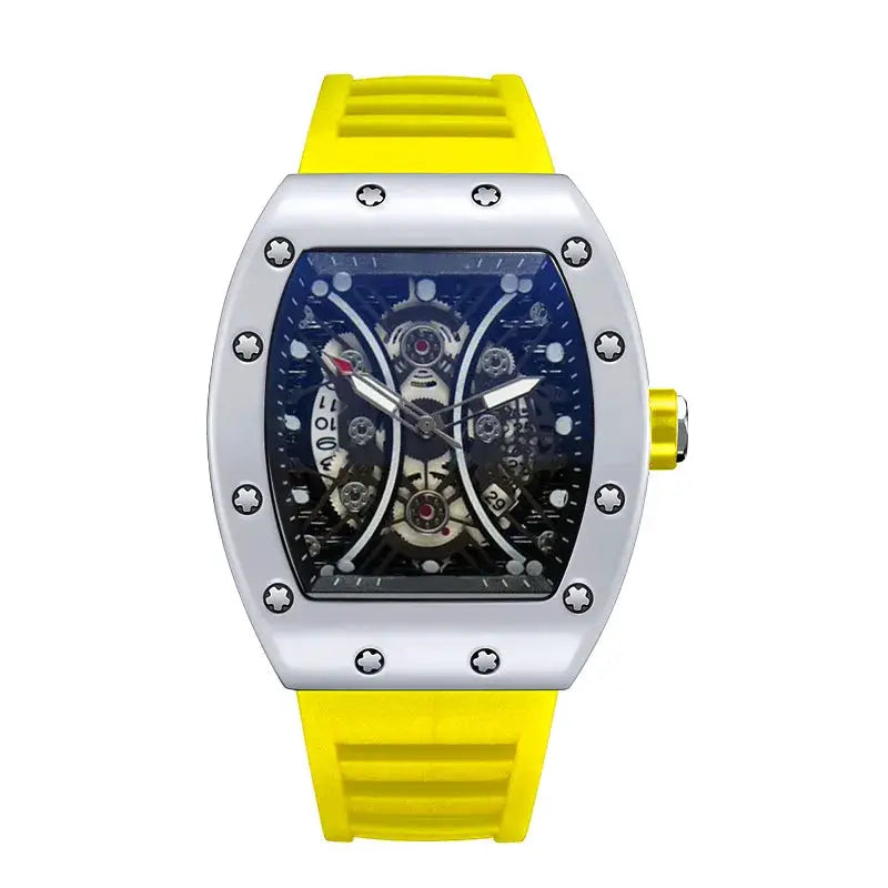 Light Luxury Brand Mens Wine Barrel Dial Quartz Watch with Night Glow and Calendar Durable Silicone Band