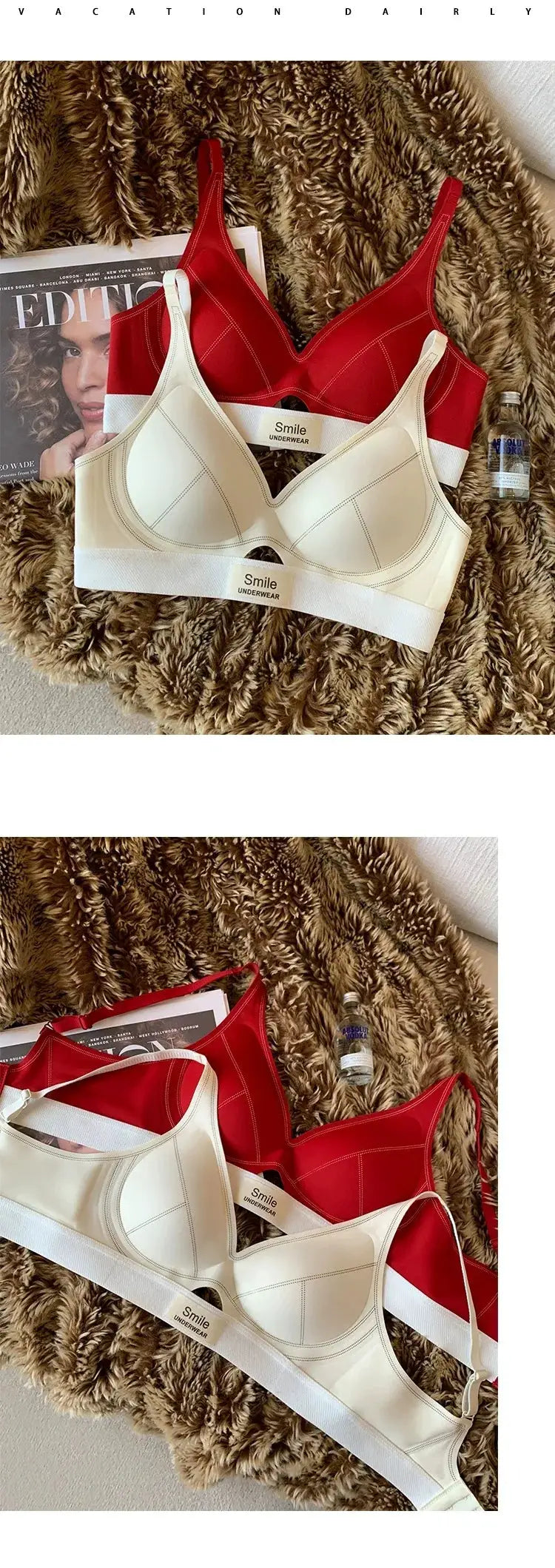 Simples Market SP&CITY seamless wireless bras in red and ivory, two soft everyday bralettes with Smile Underwear tags