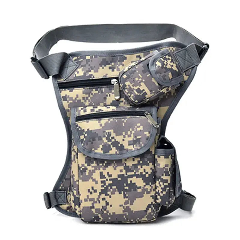 Men's camouflage canvas drop-waist fanny pack with multiple zip pockets and adjustable waist strap