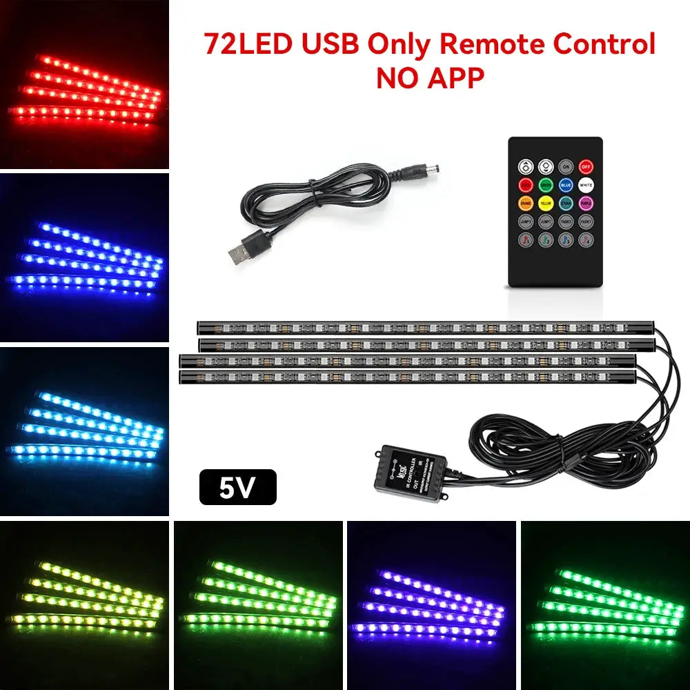 Neon 36 48 72 LED Car Interior Ambient Foot Light Kit RGB With Remote App And Music Sync Control