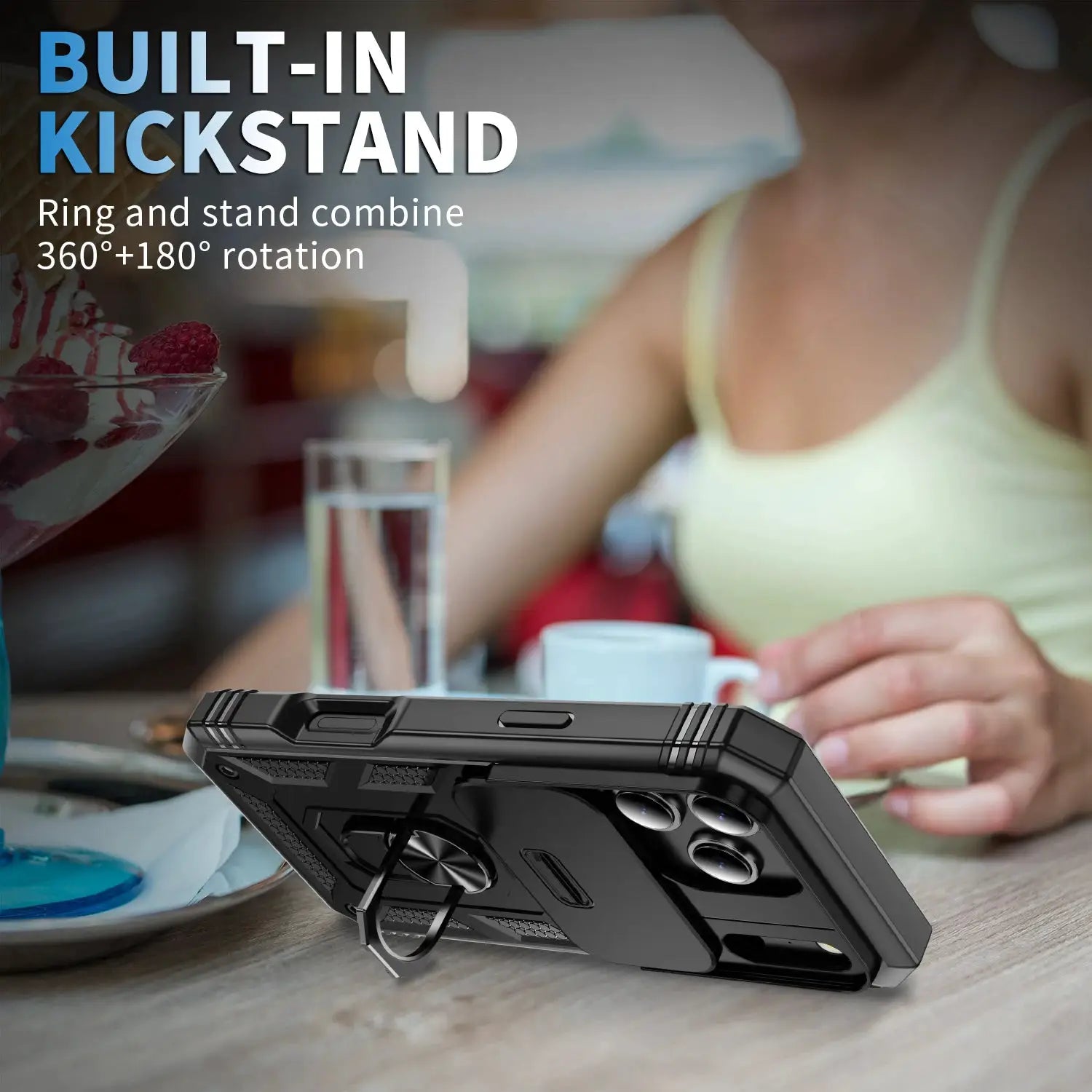iPhone case by Simples Market, rugged black with built-in 360-degree rotating kickstand