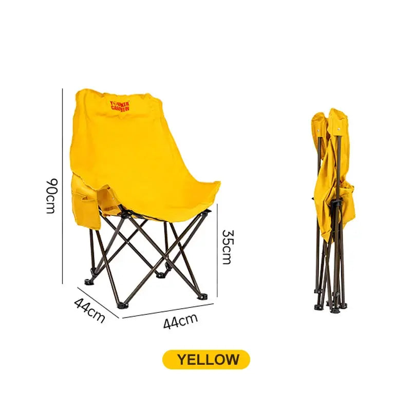 Simples Market yellow outdoor folding moon chair, portable camping seat with 44 cm base width and 90 cm height.