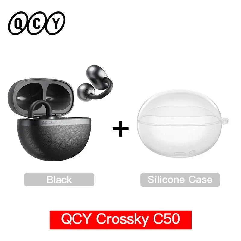 QCY Crossky C50 open-ear wireless earbuds in black with charging case and clear silicone case
