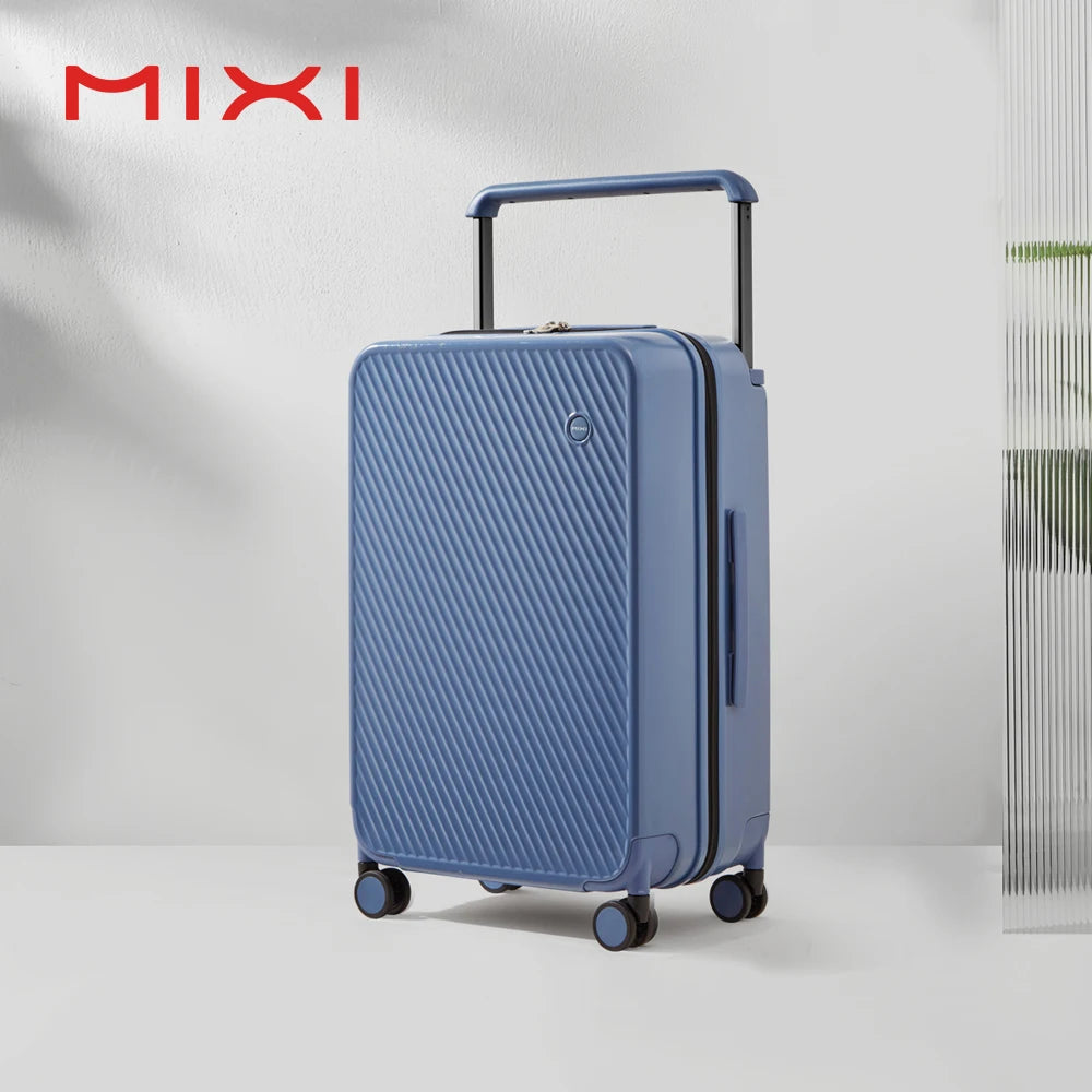 Mixi blue hardside PC luggage suitcase with four spinner wheels and telescopic handle.