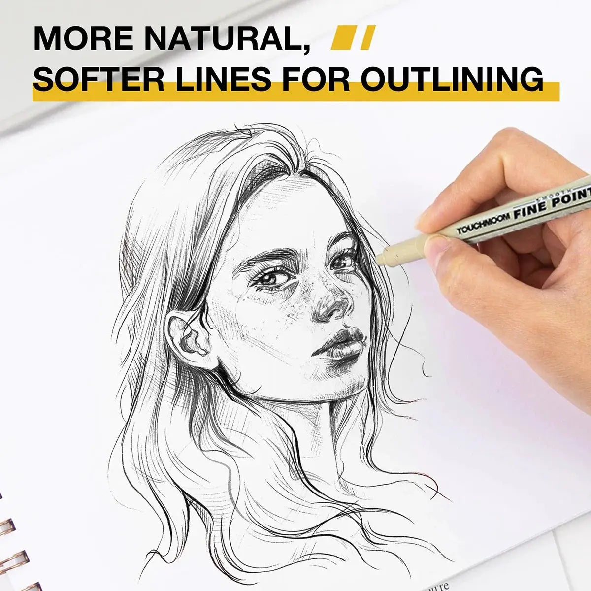 Fineliner sketch pen in use creating a black ink portrait on white drawing paper