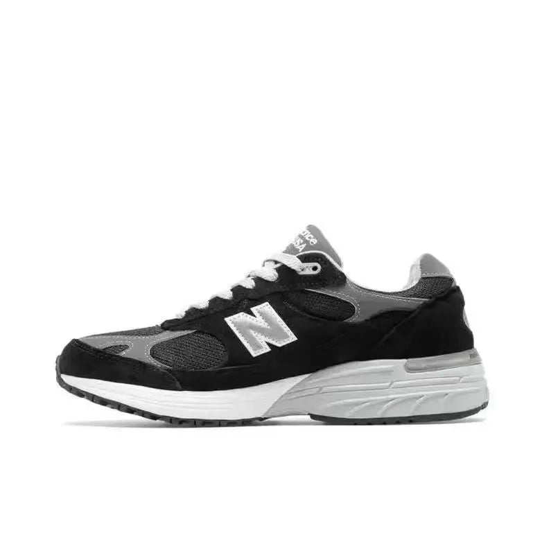 New Balance running shoes, black/gray mesh with white NB logo