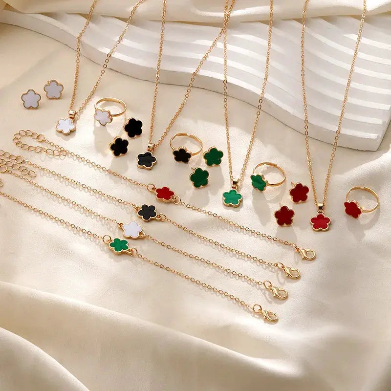 Lucky Clover Five Petal Necklace Earrings Ring Bracelet Set For Women Fashion Accessories Party Jewelry