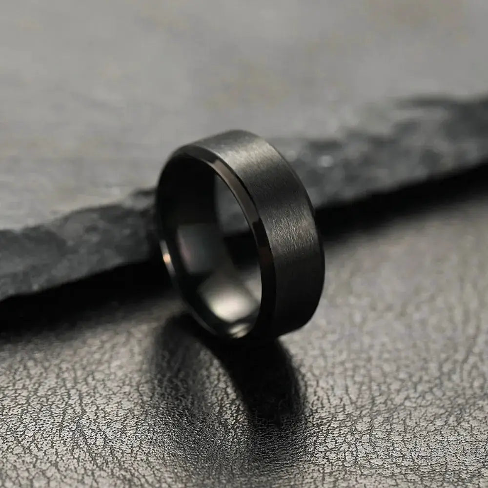 Ring, unisex black matte stainless steel; minimalist fashion band for men and women