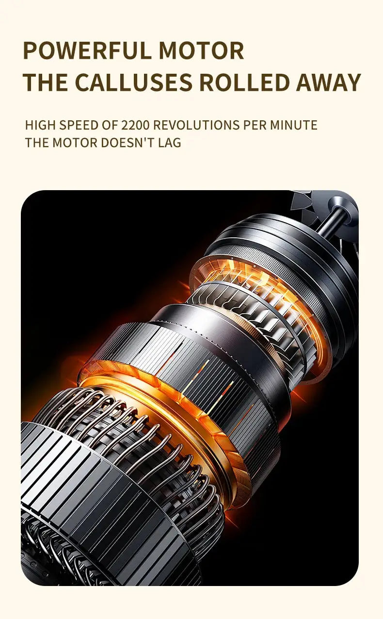 HOMEFISH electric foot grinder motor close-up with metallic gears and orange glow