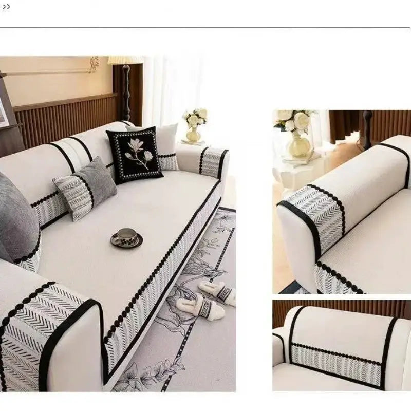 Sofa cover by Simples Market with black contrast hem in white twill chenille, non-slip all-season slipcover