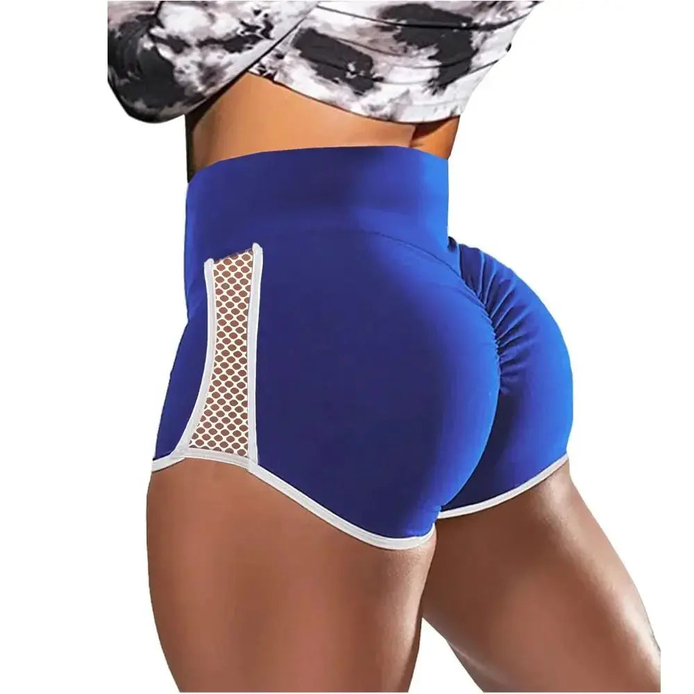 Simples Market high-waist sport shorts in blue with white trim and side mesh panels, quick-drying stretch fabric
