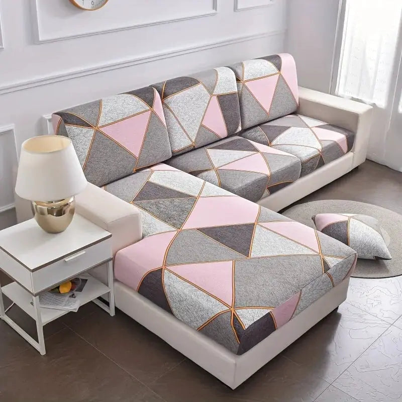 Simples Market elastic sofa cushion covers set for L-shaped corner couch in pink and grey geometric pattern, removable anti-dust.