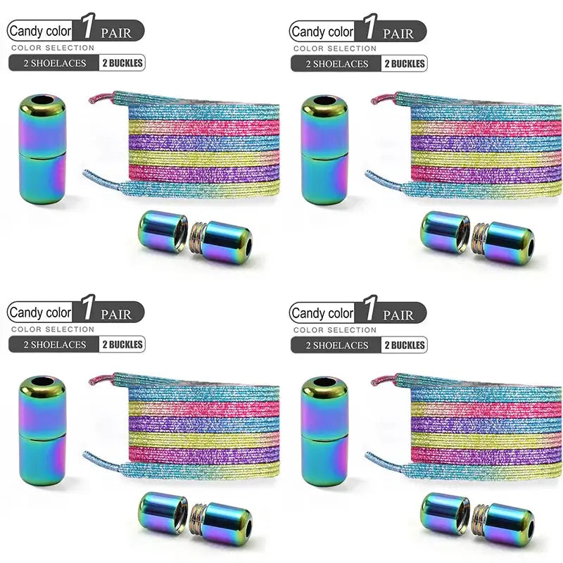 Simples Market 4 pairs candy-color no-tie elastic buckle shoelaces with rainbow stripes and metal end caps