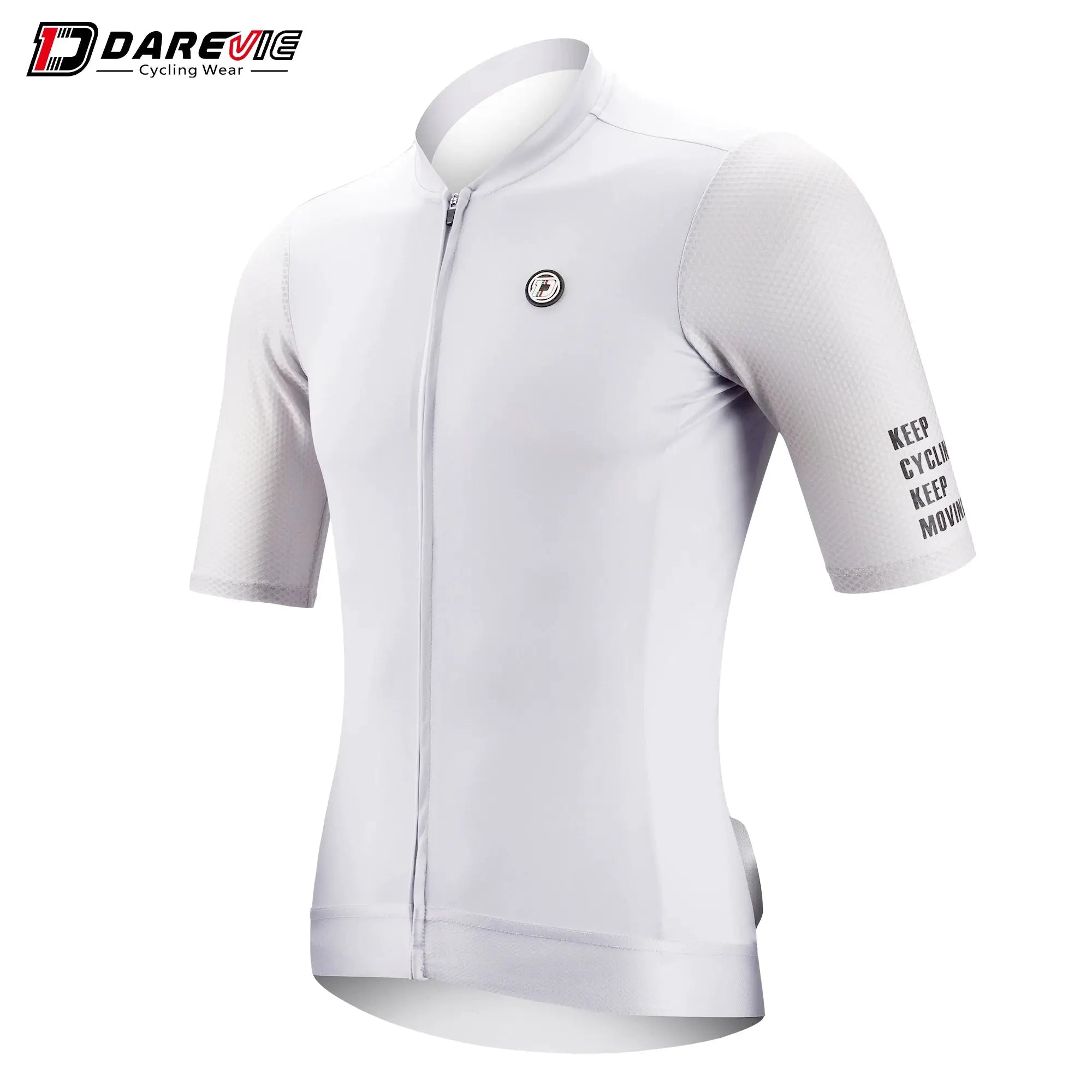 DAREVIE white long-sleeve cycling jersey with front zipper, chest badge, Simples Market branding