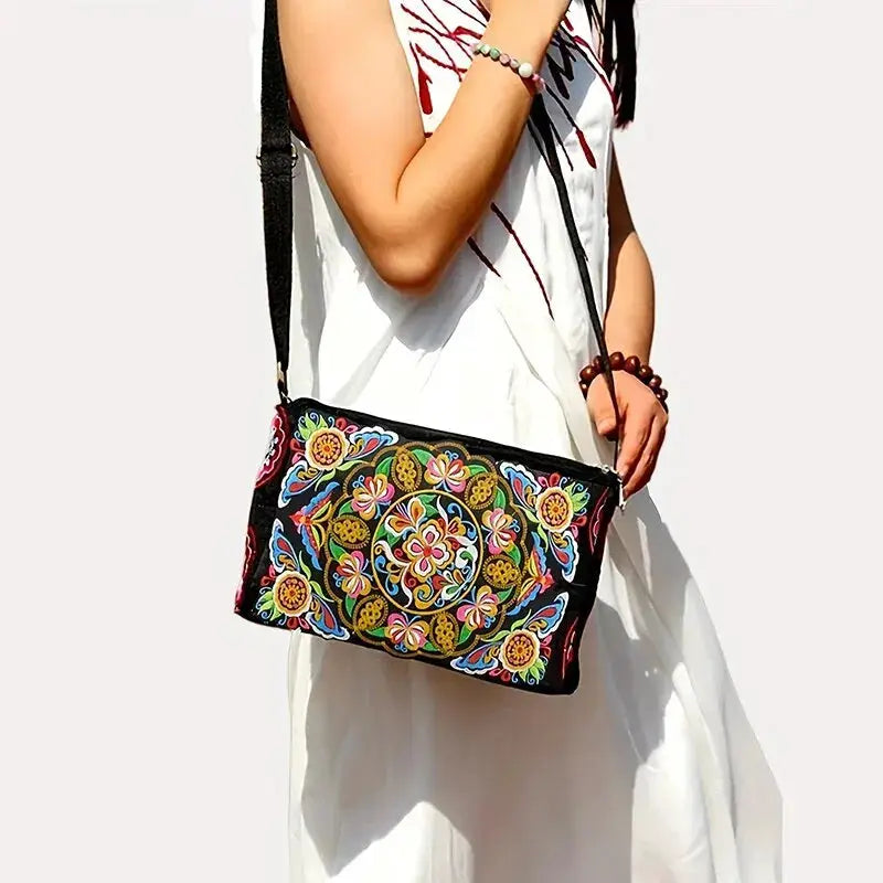 Women's nylon crossbody bag with colorful embroidered flowers, black with floral pattern large capacity Simples Market