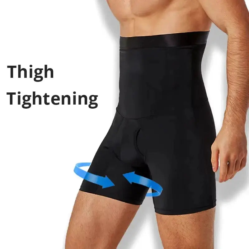 Men's tummy-control shorts in black; high-waist compression shapewear with thigh-tightening