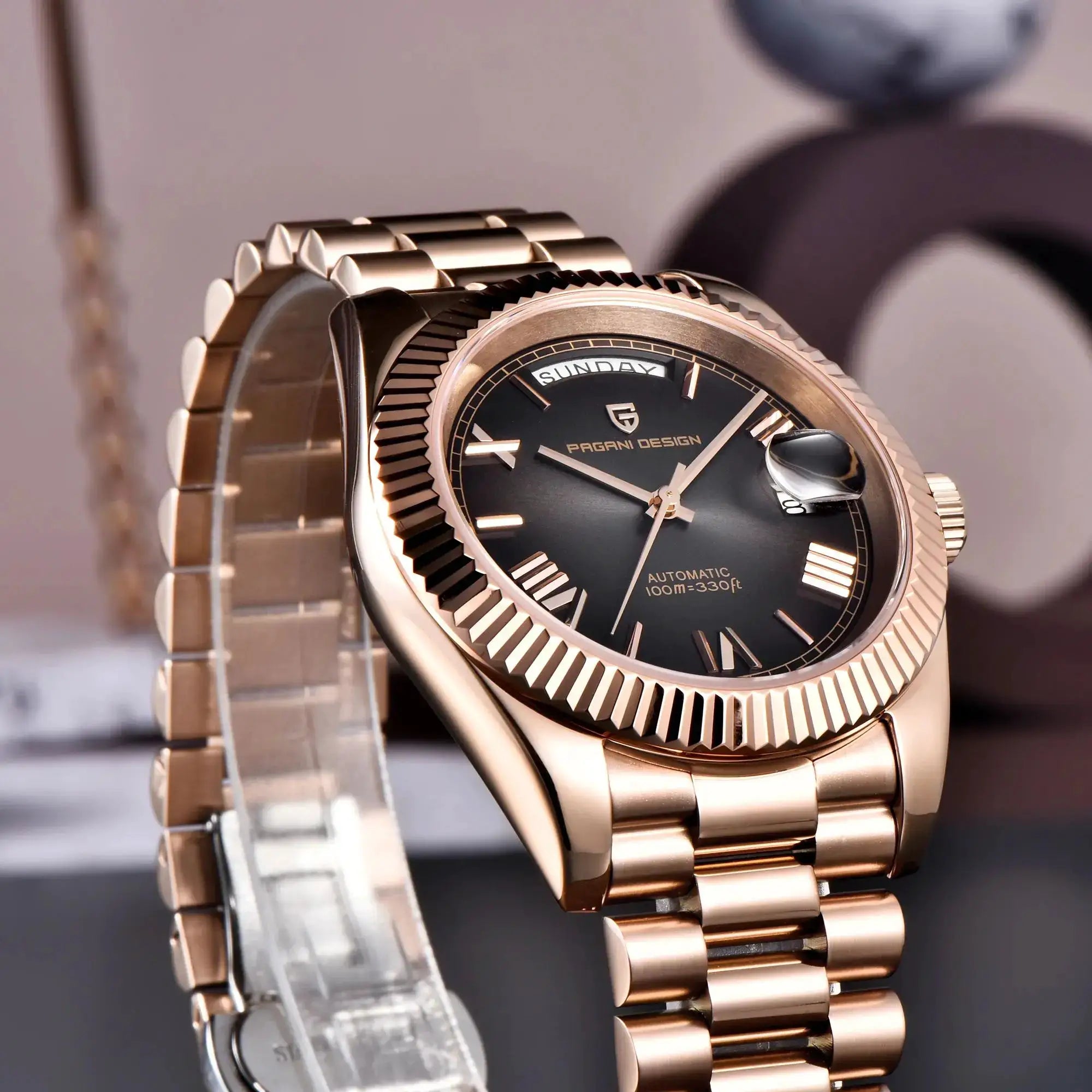 PAGANI DESIGN DD36 rose gold luxury automatic men's watch with sapphire glass and day-date display