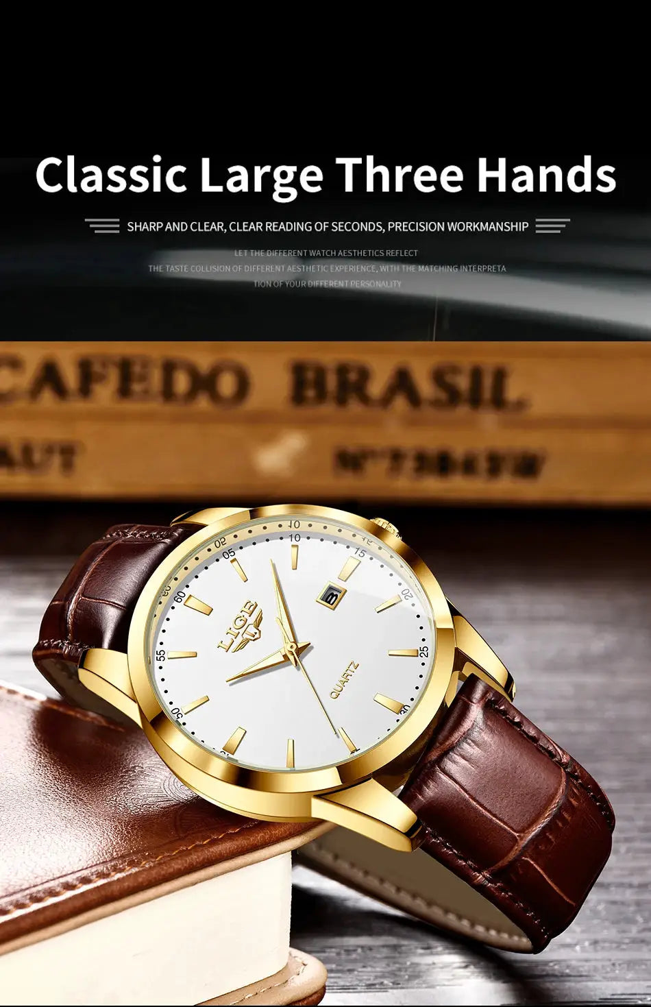 LIGE men's gold-tone quartz watch with brown leather strap, white dial and date window