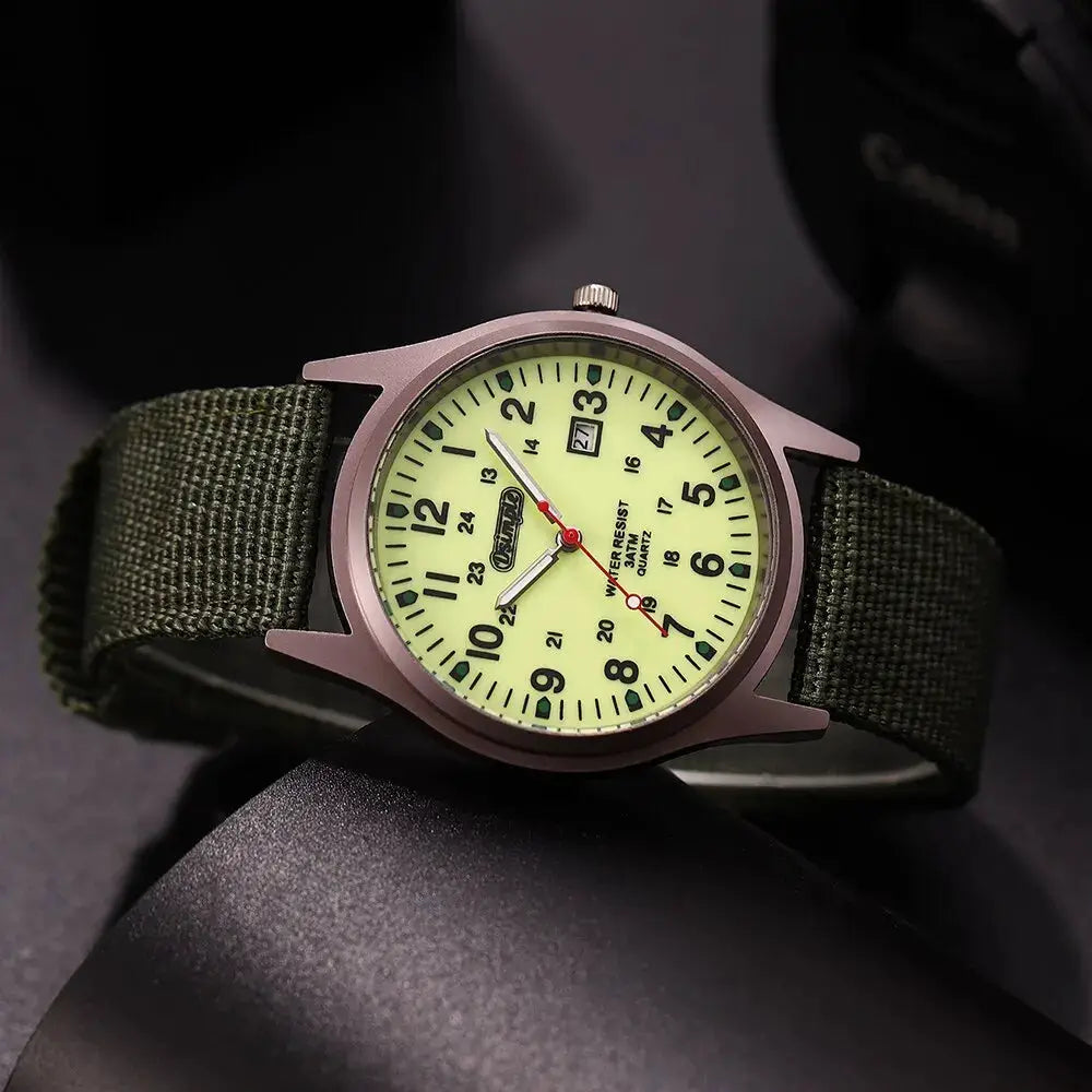NovaForce Mens Military Style Quartz Wristwatch With Luminous Hands Full Calendar And Nylon Strap Casual Luxury
