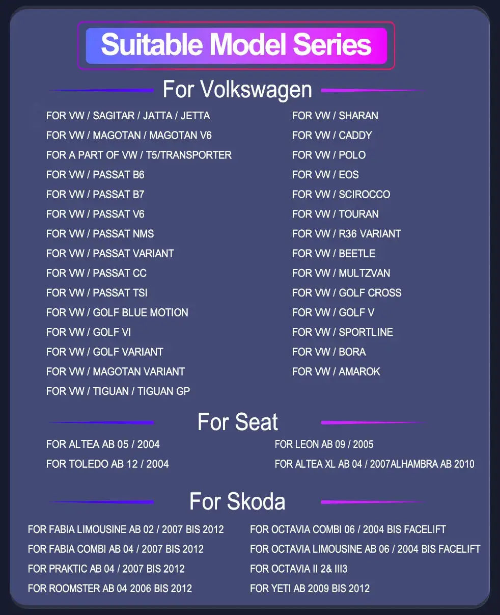 2Din Android car radio compatibility poster by Simples Market in purple, listing VW, Seat and Skoda models.