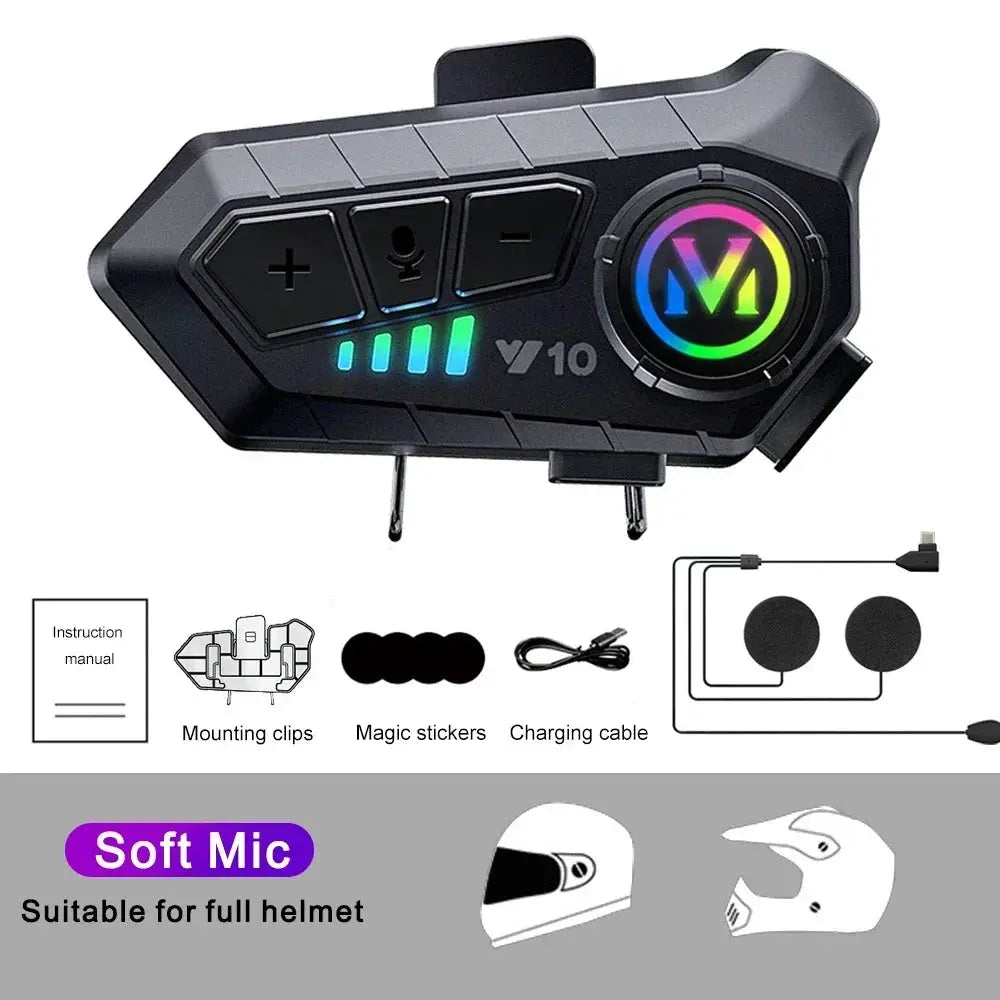 Y10 Motorcycle Bluetooth 5.3 Helmet Headset IPX6 Waterproof Colorful Lights Handsfree Edition