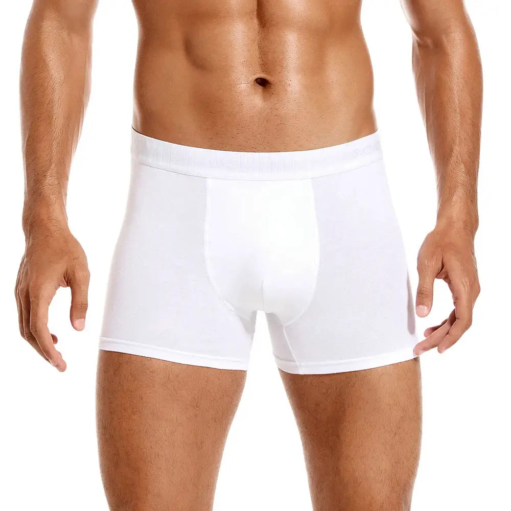 White cotton men's boxer briefs with front contour pouch, mid-thigh length