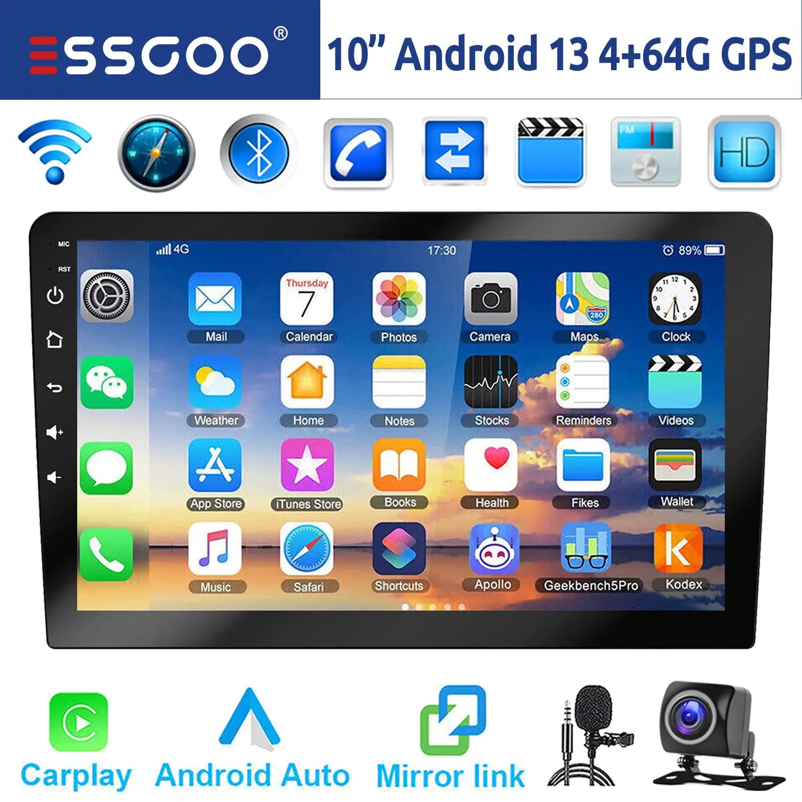 ESSGOO 10-inch Android car stereo with touchscreen, CarPlay/Android Auto, GPS, Bluetooth, Wi‑Fi