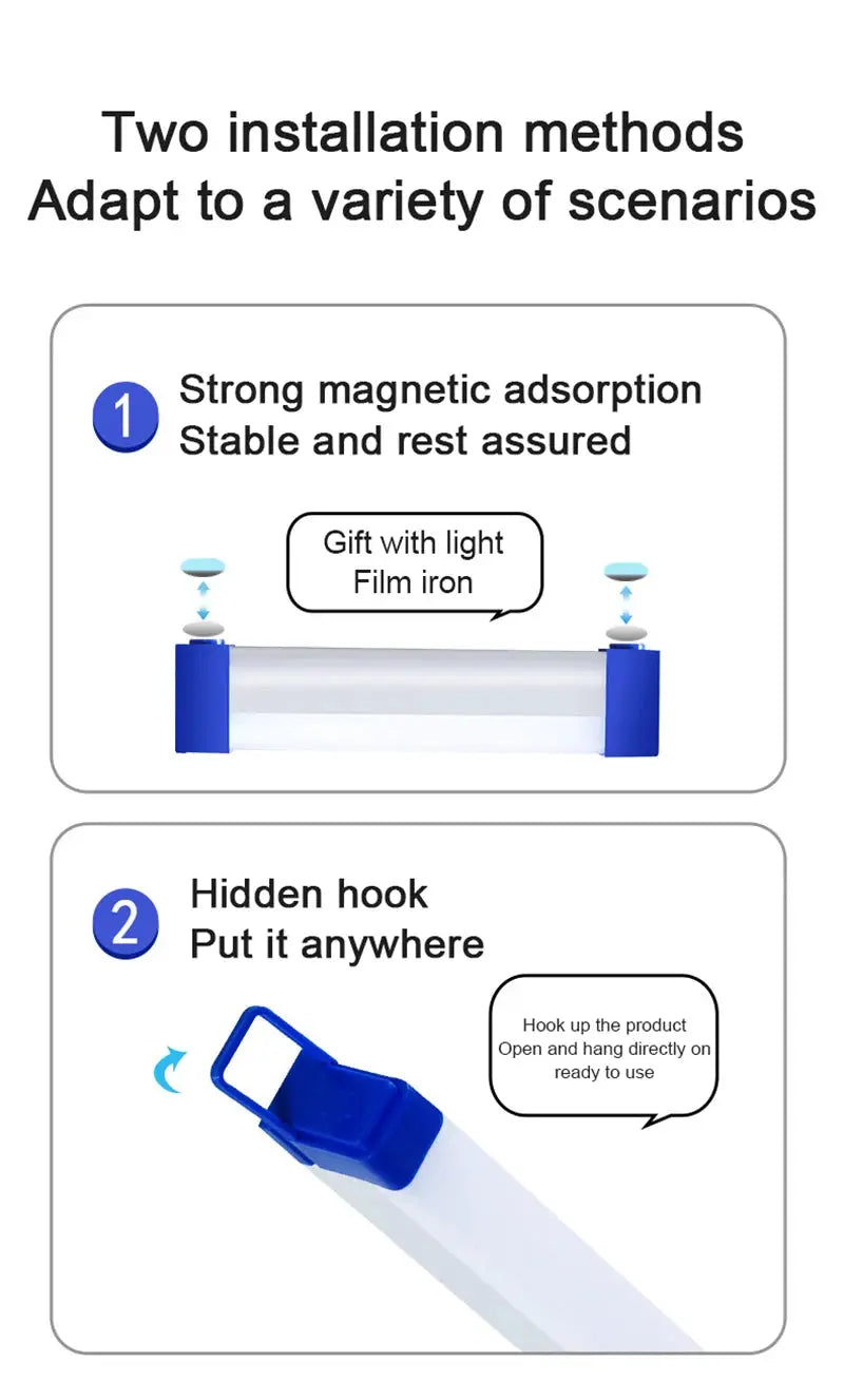 Colorful RGB LED night lamp; rechargeable mood lighting shown with magnet adsorption and hidden-hook installation steps.