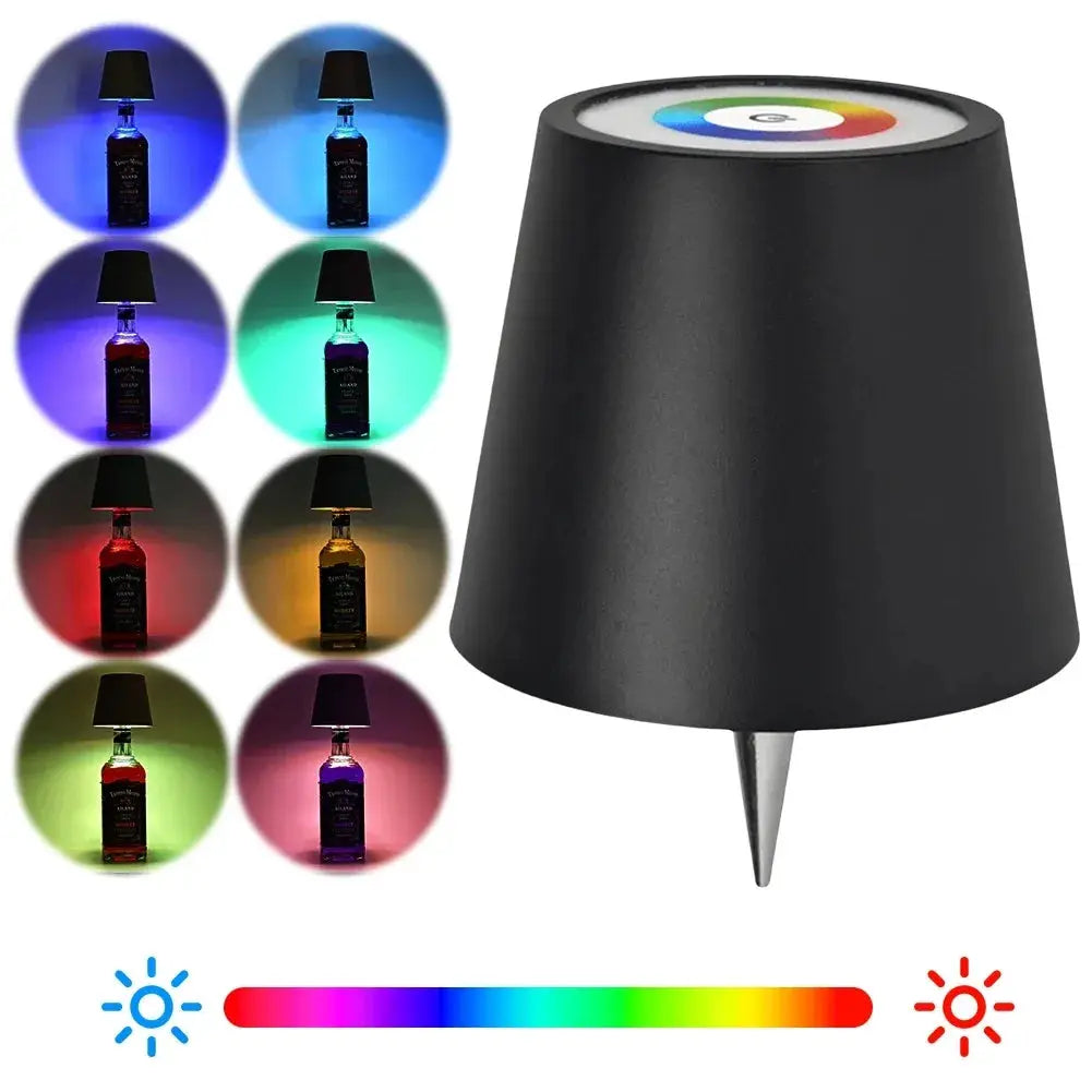 Wireless table lamp for wine bottles by Simples Market; nine color variants with touch control for outdoor use