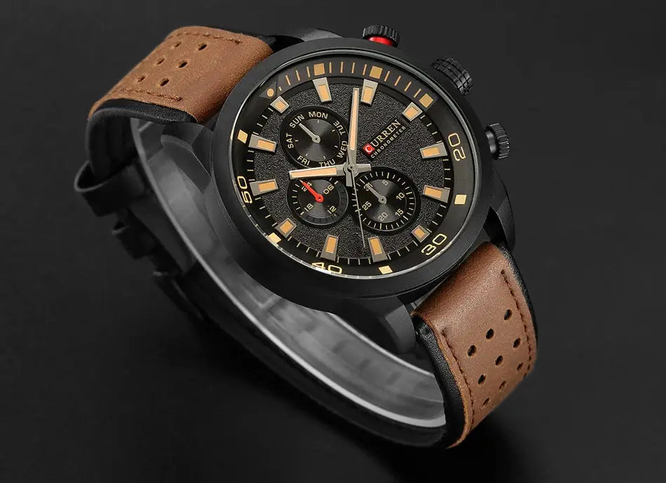 Curren 8250 men's waterproof three-hand watch with black case, brown perforated leather strap, gold-tone markers.