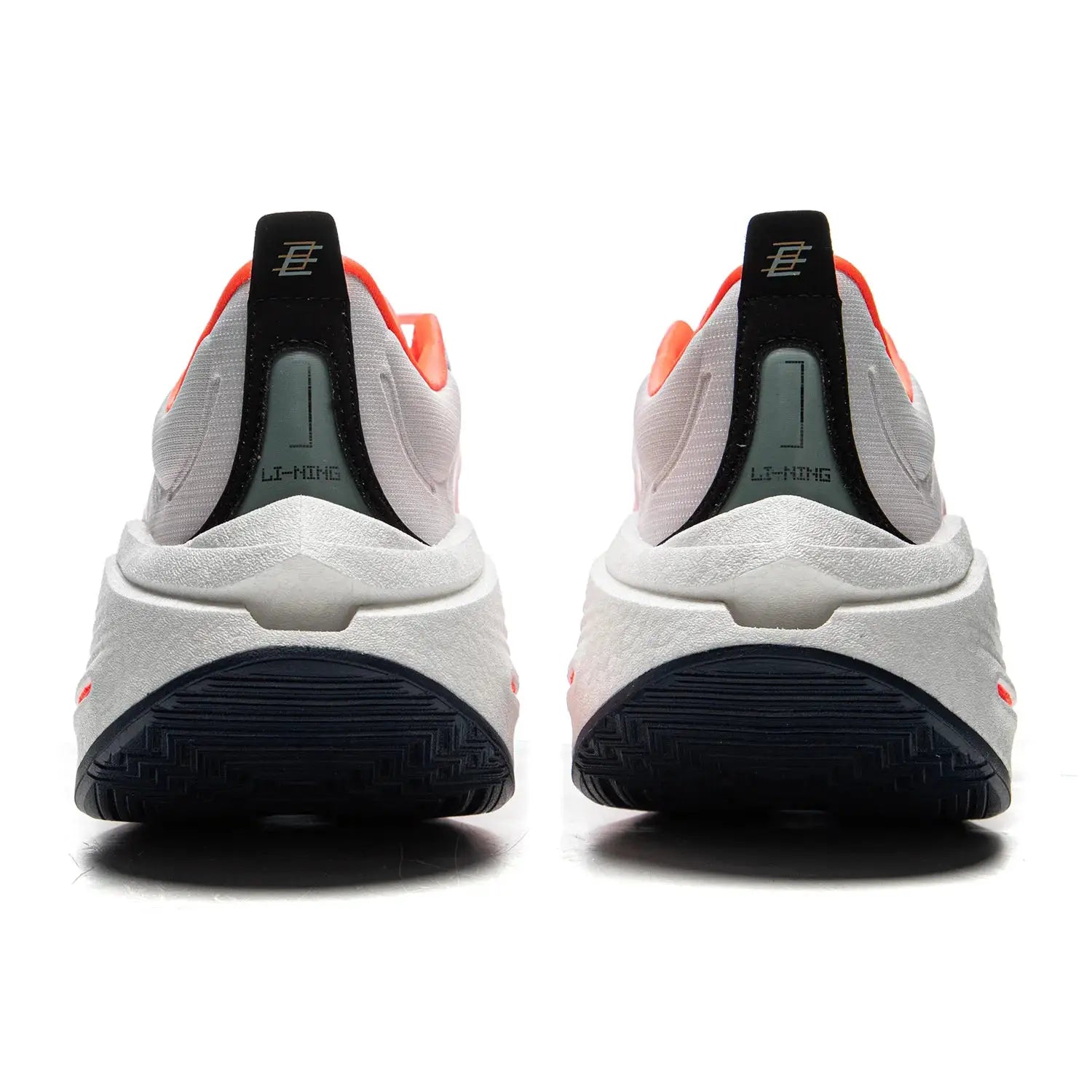 Li-Ning Shadow 3 Essential running shoes pair, gray upper with black heel panel and orange accents, back view