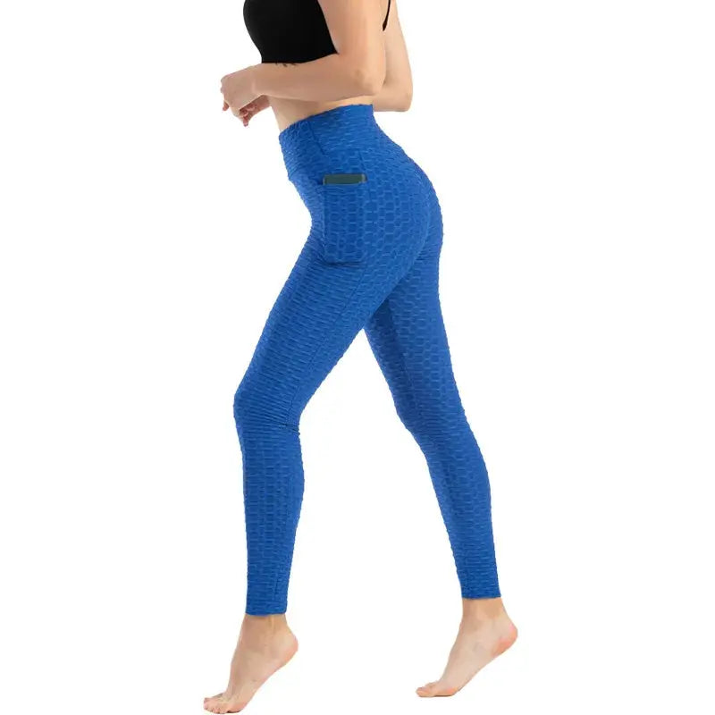 Women’s blue pocket bubble leggings, high-waist stretchy athletic pants with side pocket
