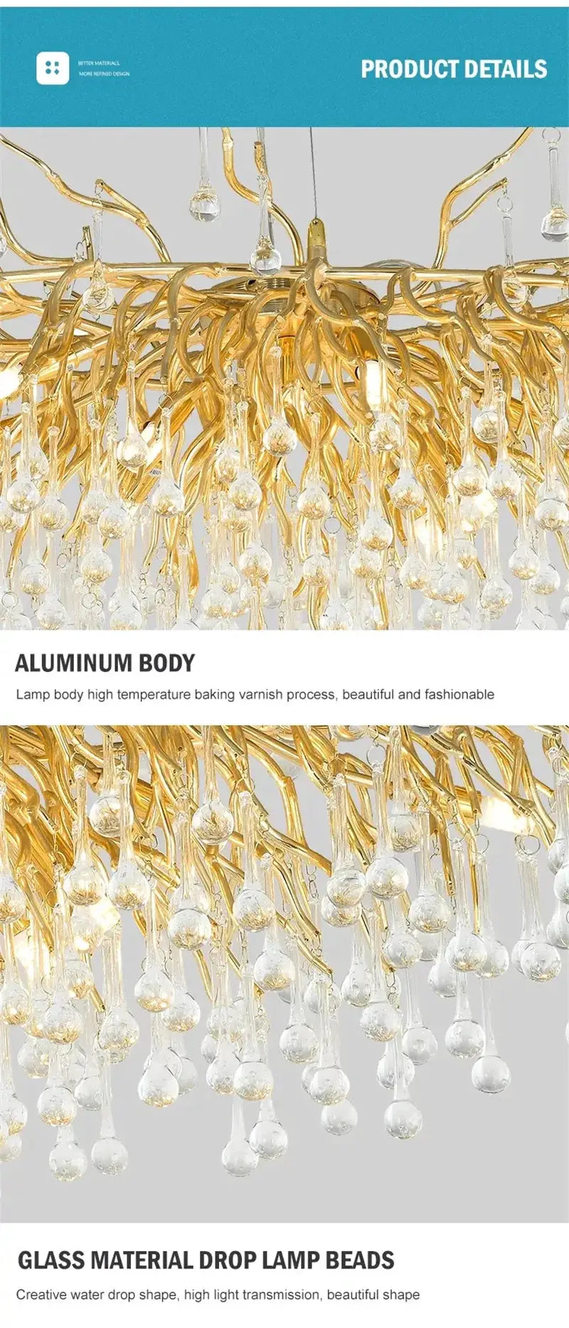 Royal Nordic Luxury Crystal Chandelier with gold aluminum body and glass drop beads