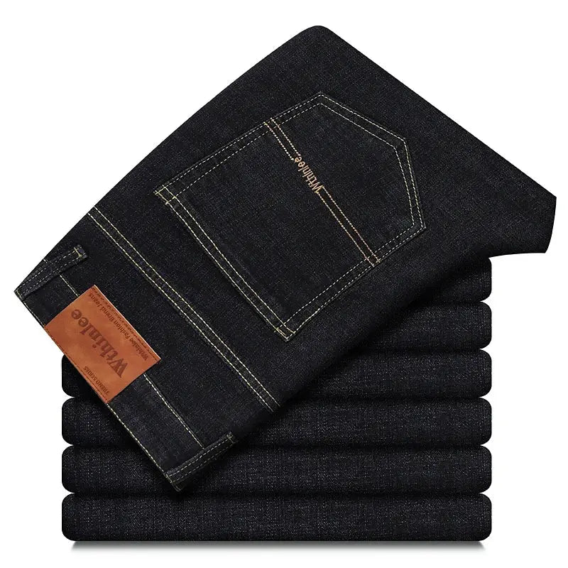 Wthinlee men's dark blue denim jeans, stacked with back pocket and brown leather patch, Simples Market