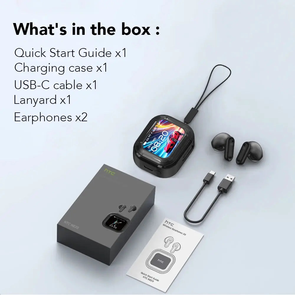HTC NE20 translator wireless earphones with black charging case; includes USB-C cable, lanyard, and 2 earphones.