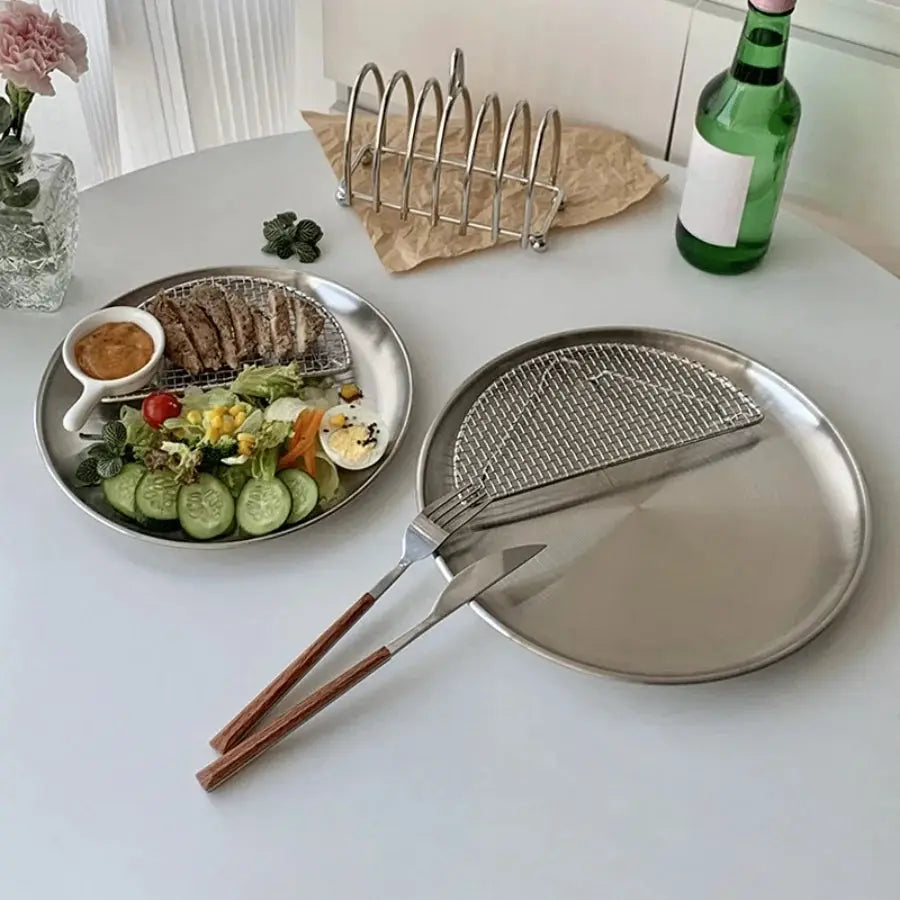 Circular Stainless Steel Plate Tray for Dining and Korean Barbecue Perfectly Suited for Steaks and Serving Plates