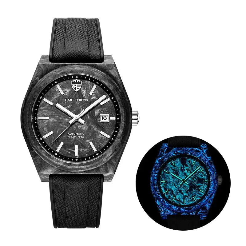 Carbon-fiber 40mm automatic watch, black strap, Time Token dial, 100m water resistant; glowing blue inset