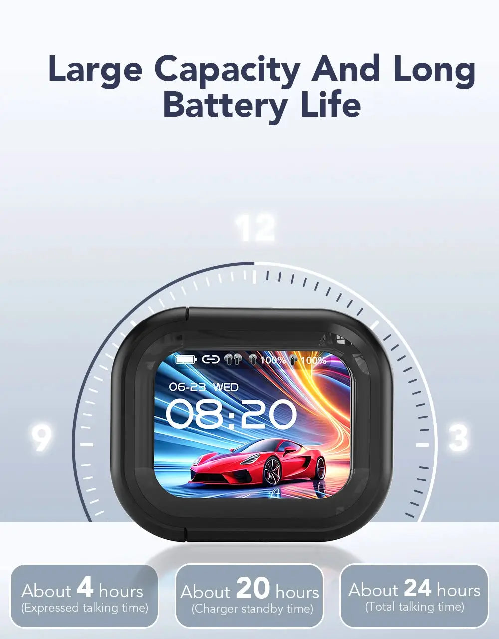 Translator HTC NE20 translation device, black rounded touchscreen with car wallpaper and a clock dial background