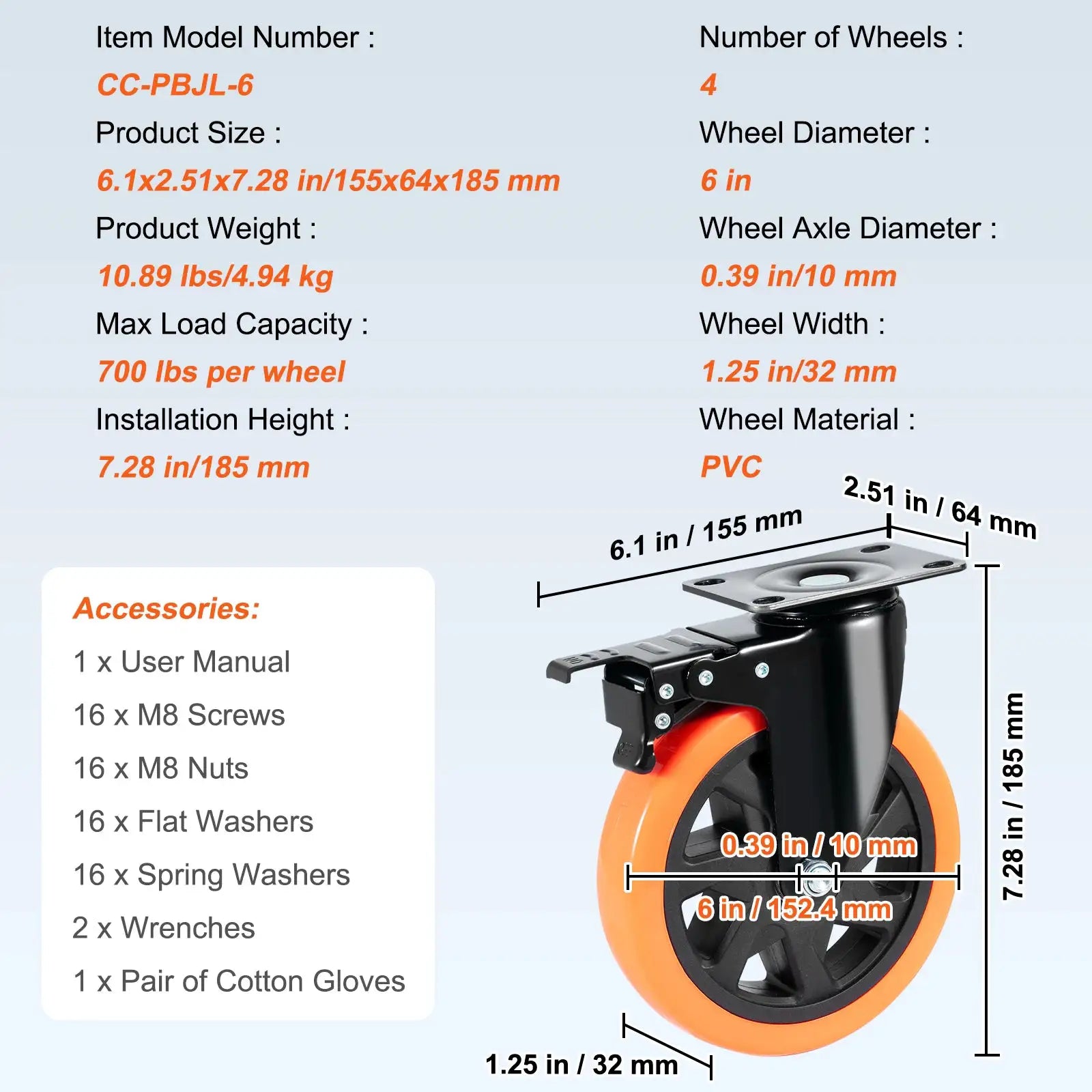 SucceBuy 2 to 6 Inch PVC Caster Wheels Set of 4 Swivel Plate Casters with AB Lock Non-Marking for Carts and Workbenches