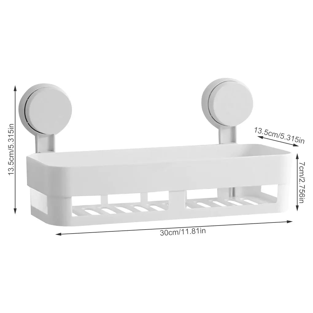 Shower suction cup shelf basket, white plastic, wall-mounted draining rack with dual suction cups, 30cm long