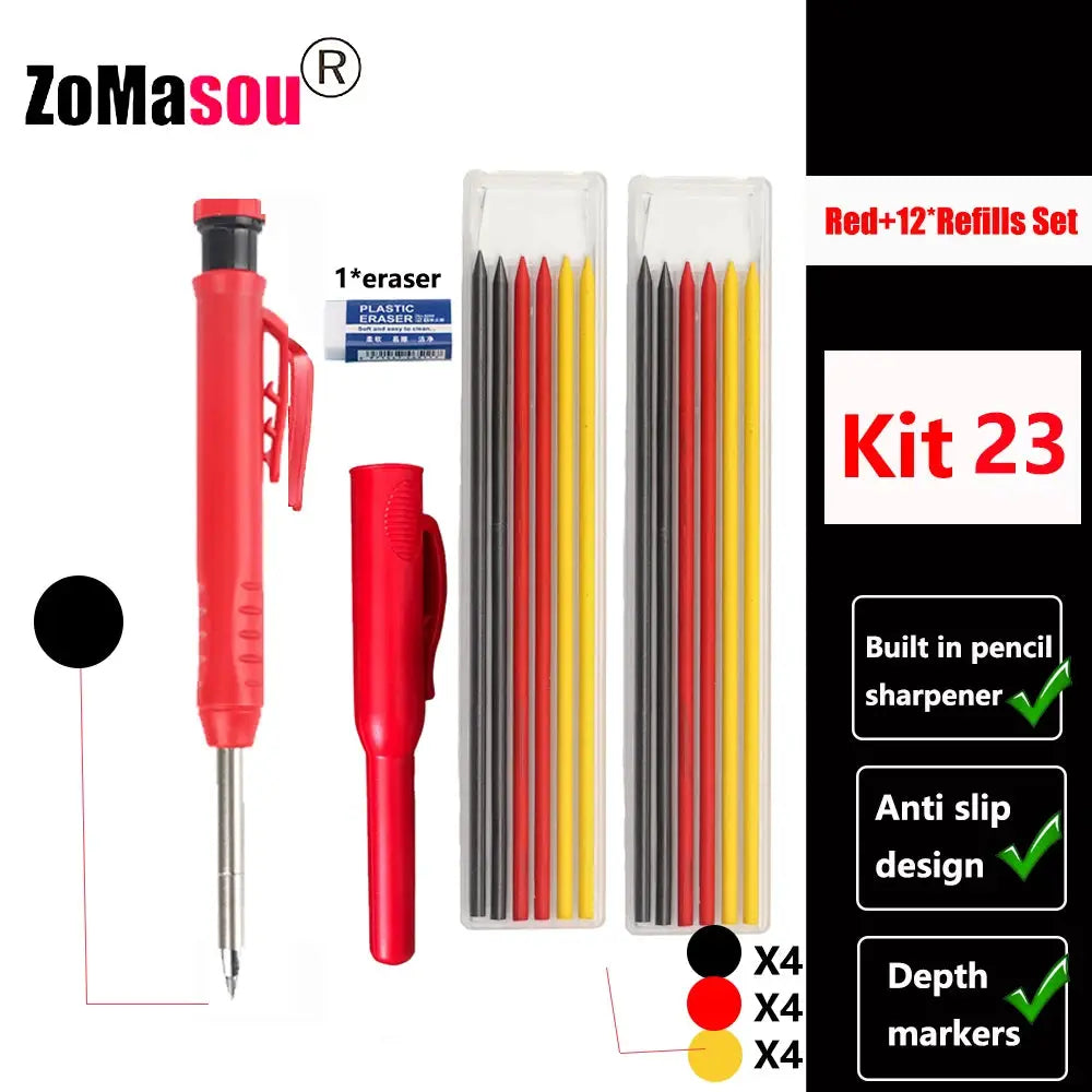 Simples Market Top Solid carpenter mechanical pencil set with long head, red handle, built-in sharpener, and 4x black/red/yellow refills.