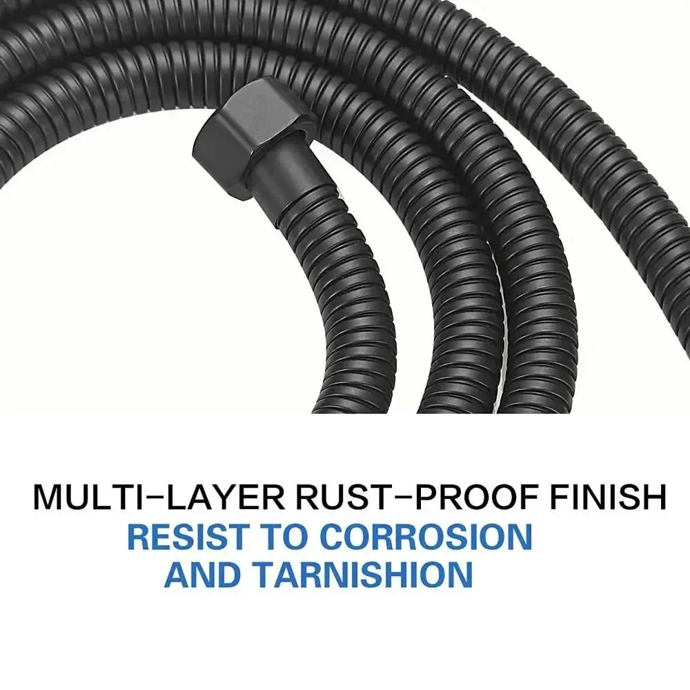 Shower hose with black spiral coating; stainless steel construction and rust-proof finish