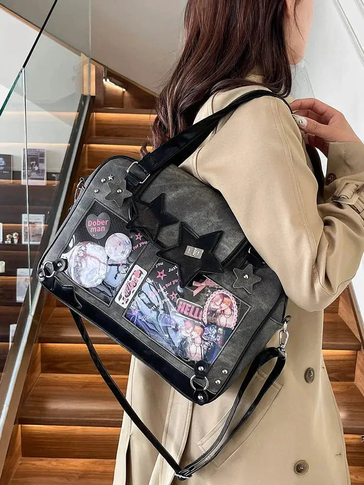 Y2K Trendy Star Ita Bag crossbody in black with patchwork decals and transparent pocket